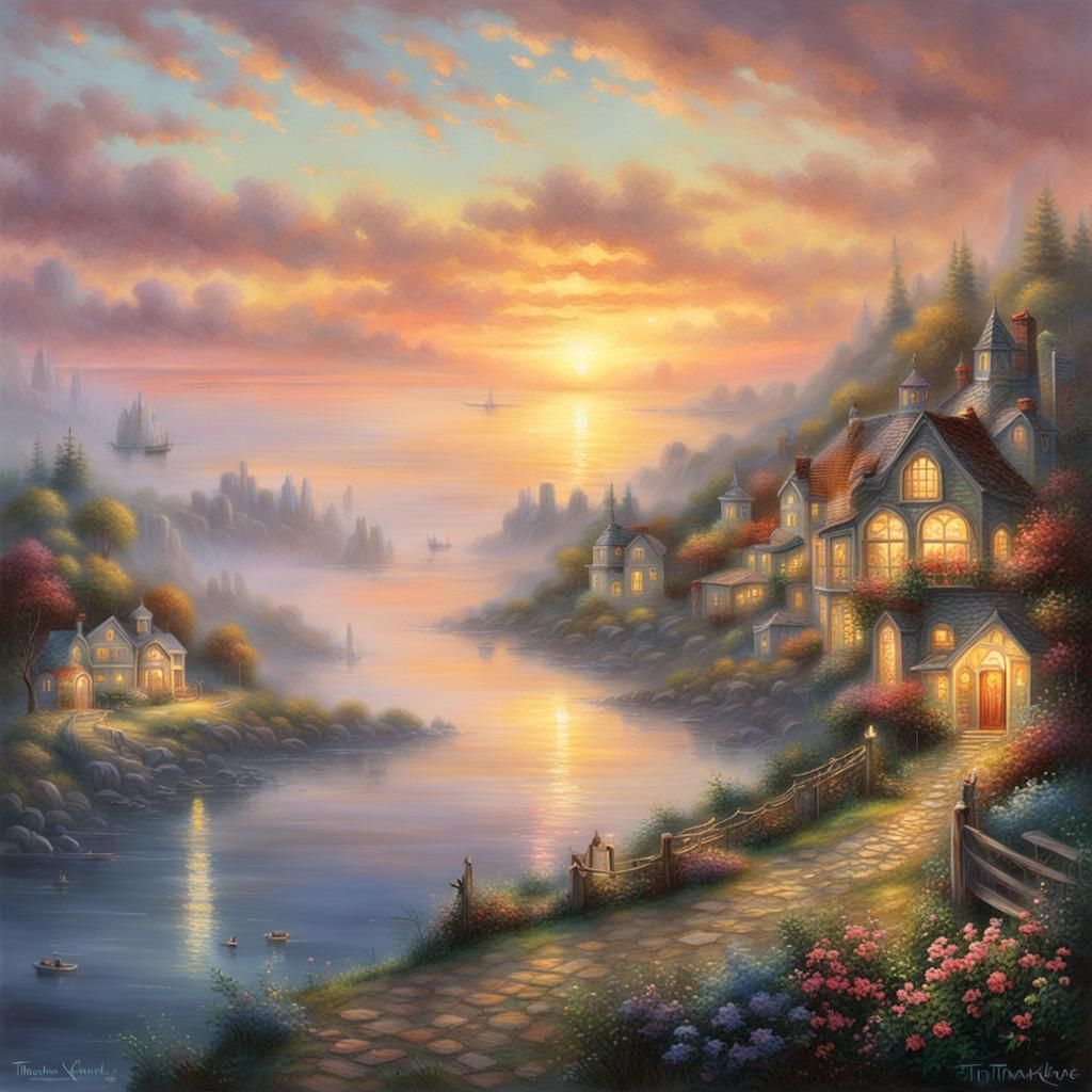 Ethereal Sunset Over Bay in Kinkade Style