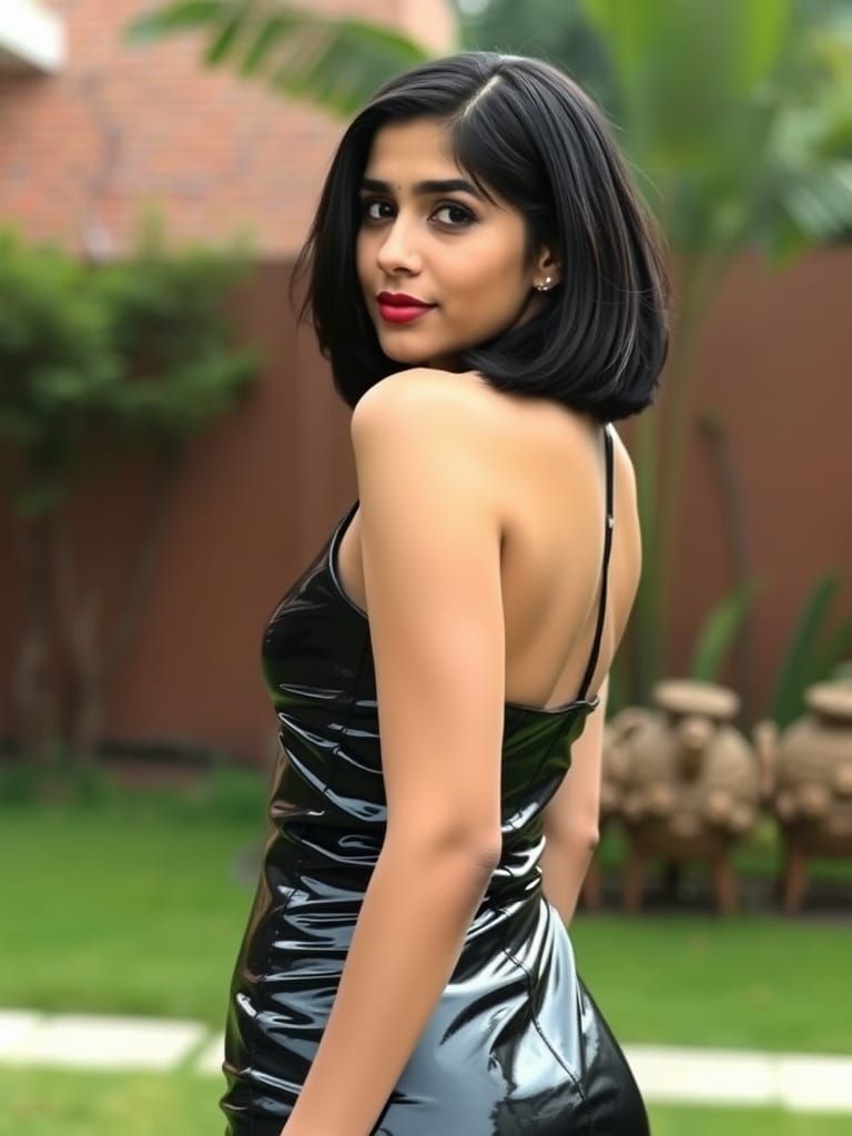 Pakistani Woman in Shiny Latex Dress Poses Sensually