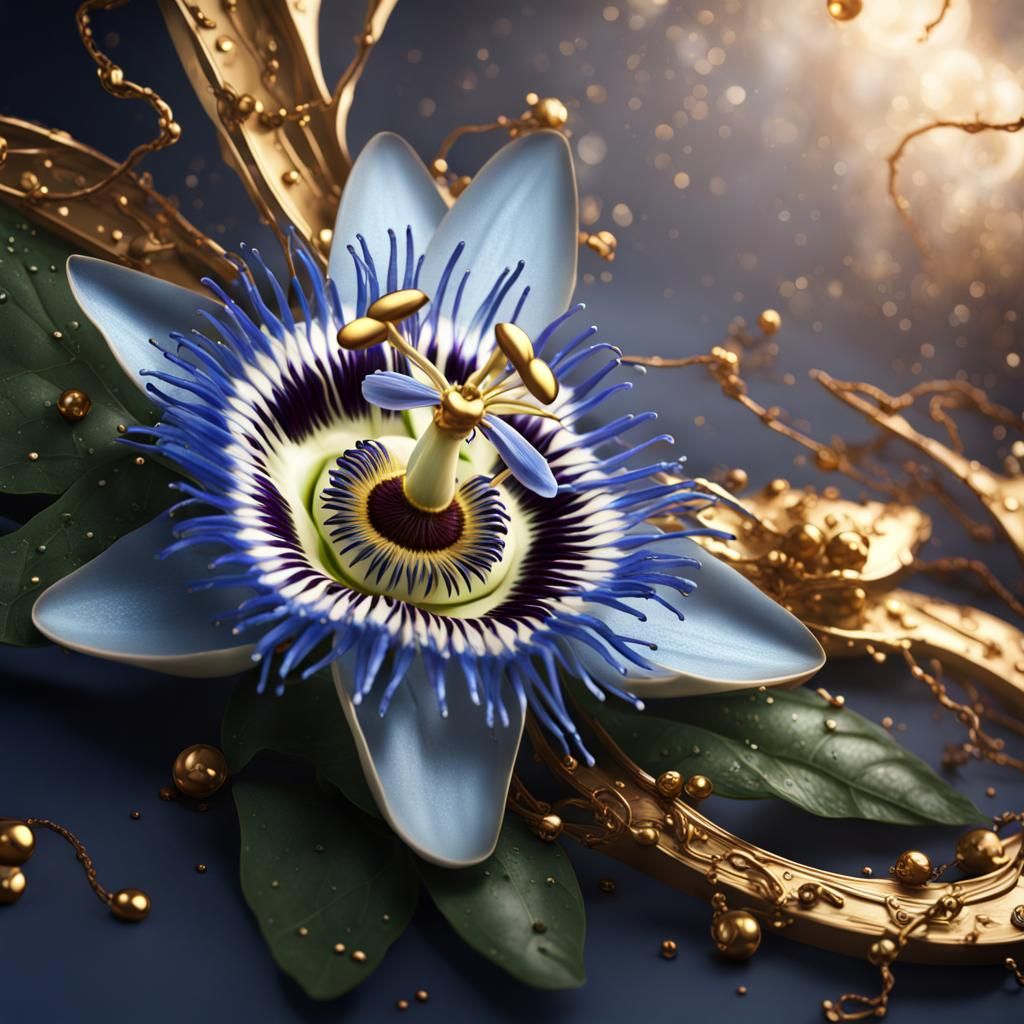 Blue Passion Flower with Gold Drops in Detailed Painting