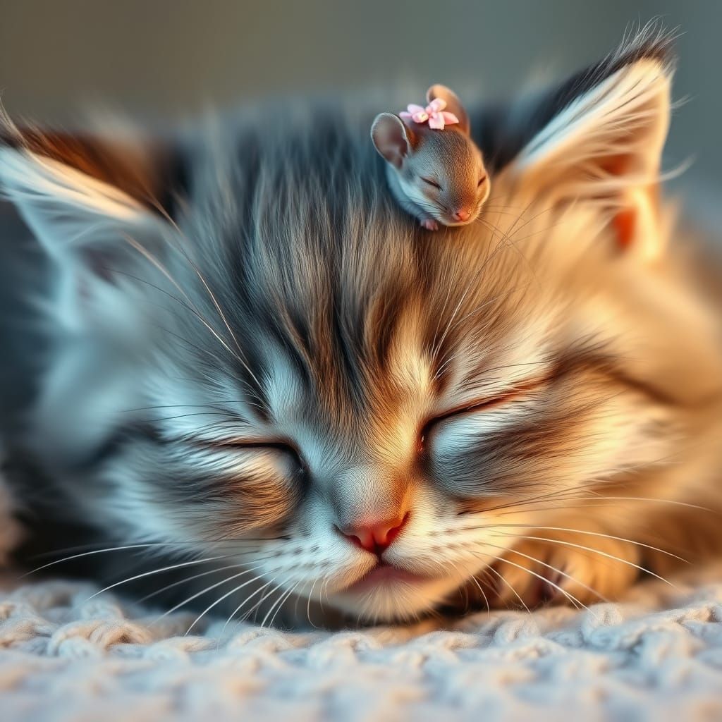 Adorable Kitten and Mouse in Dreamy Kawaii Style