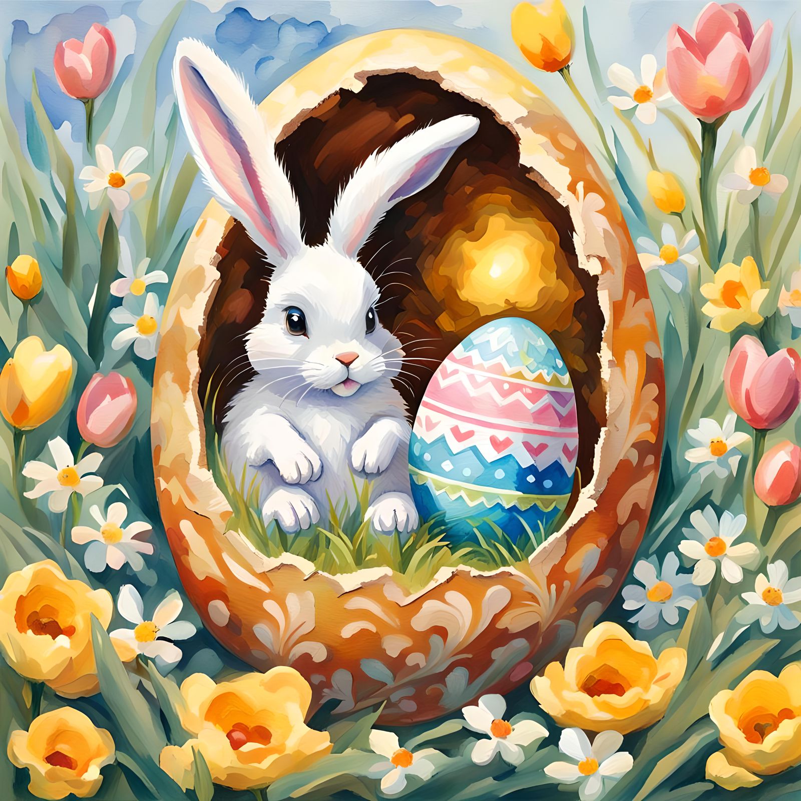 Easter Bunny and Chick in Gouache Egg