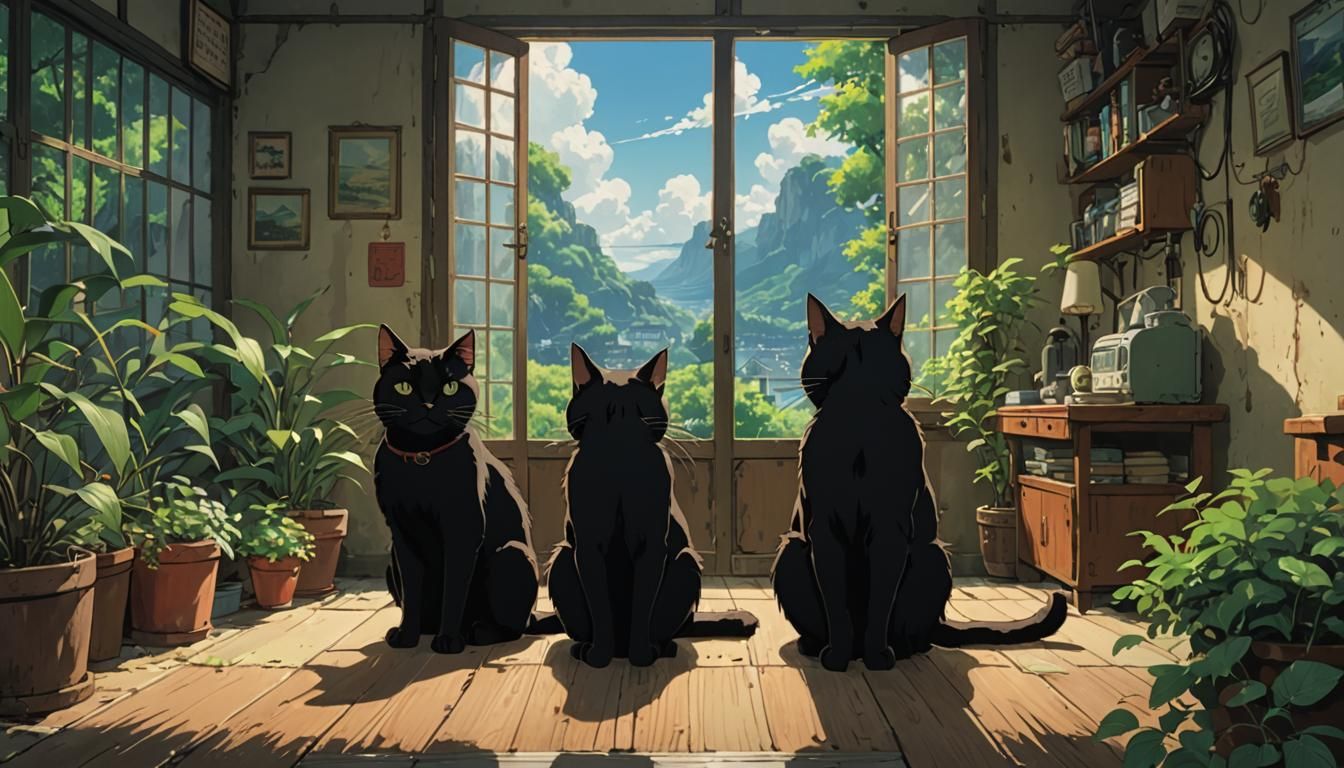 Two Black Cats in Anime Key Visual Style