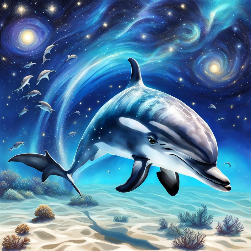 Dreamy Dolphin in Starry Ocean