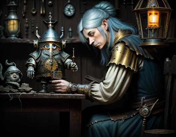 Gnome Repairs Automaton in Dark Fantasy Style