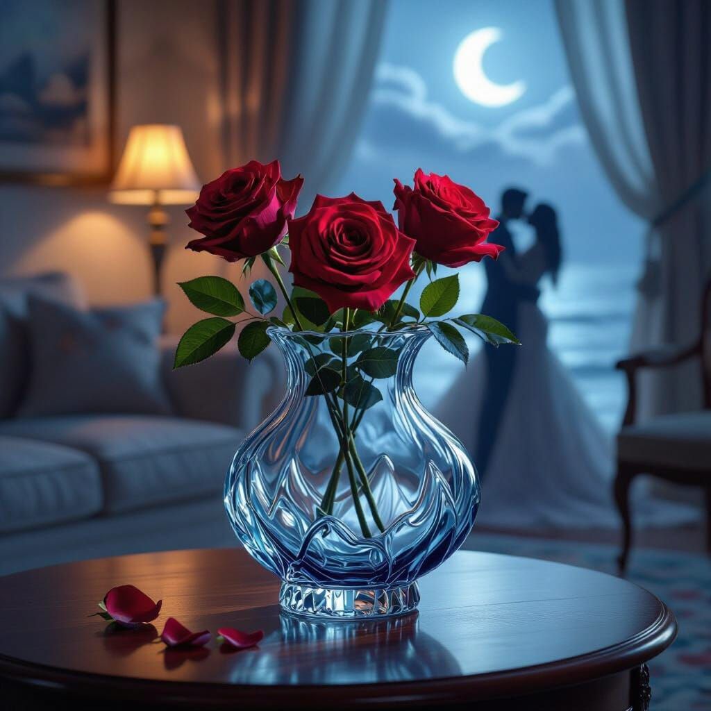 Roses in Crystal Vase with Dancing Couple