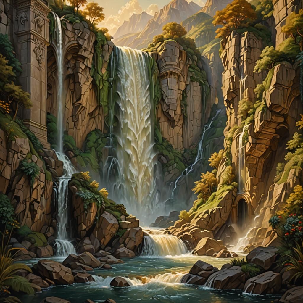 Majestic Art Deco Waterfall Oil Painting