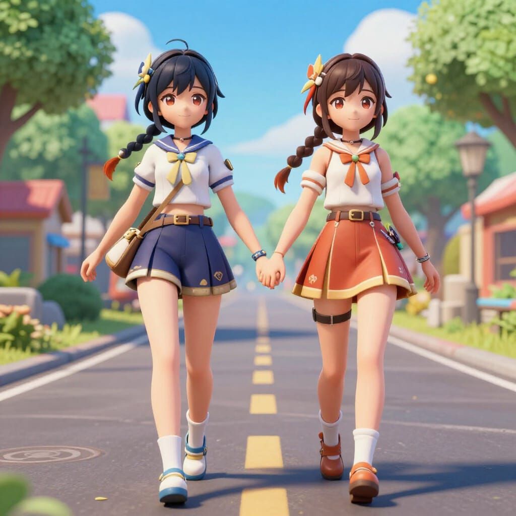 Joyful Anime Art: Women Holding Hands on Vibrant Road