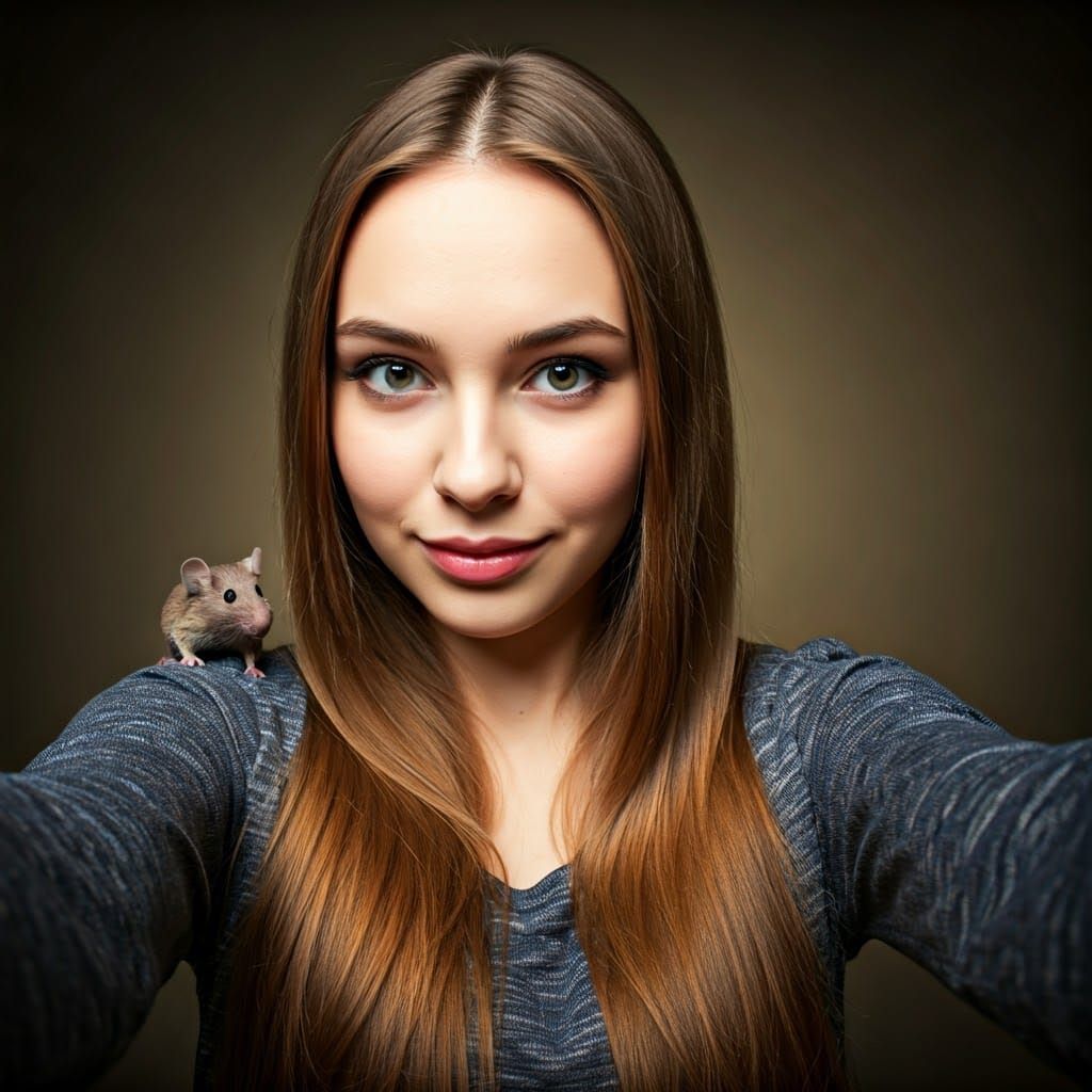 Girl's Selfie With Shoulder Mouse, Photorealistic Image