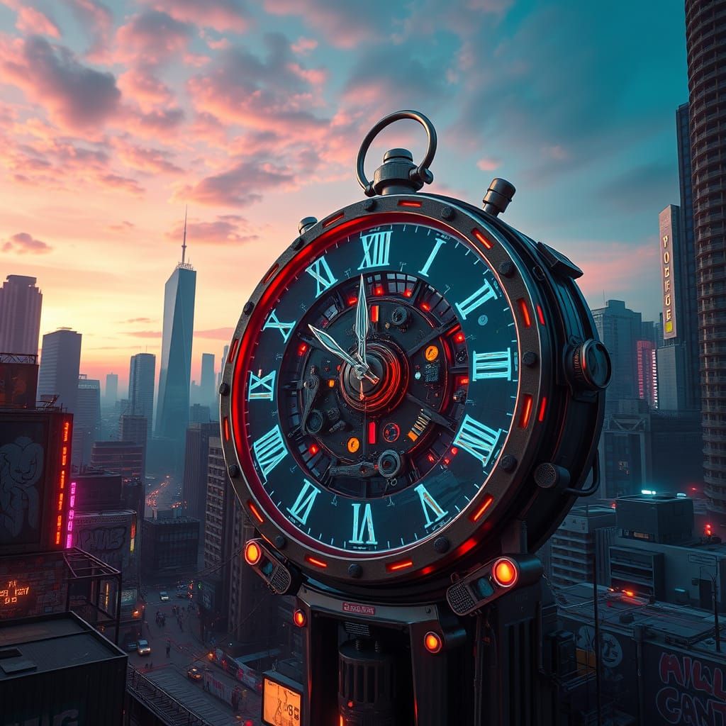 Epic Neon Clock Tower in Futuristic Cityscape