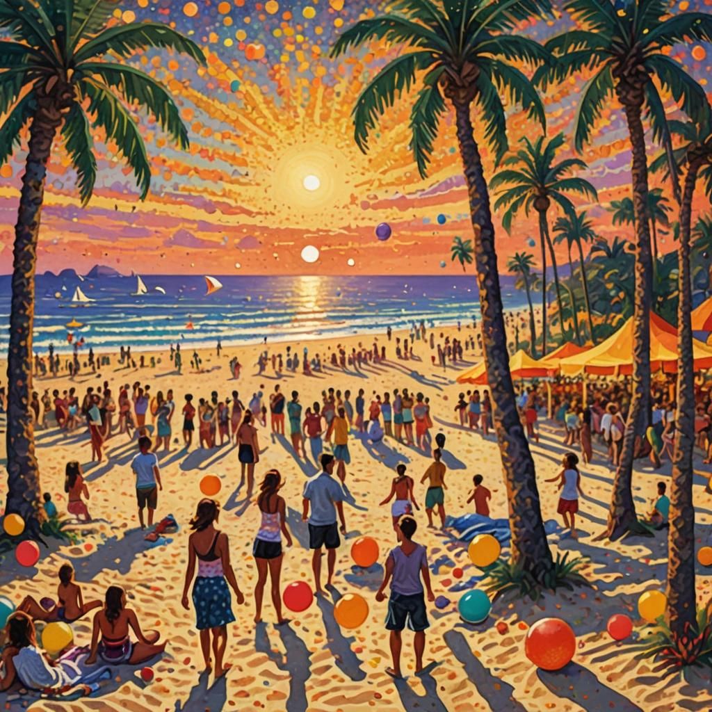 Tropical Beach Party at Sunset in Pointillism