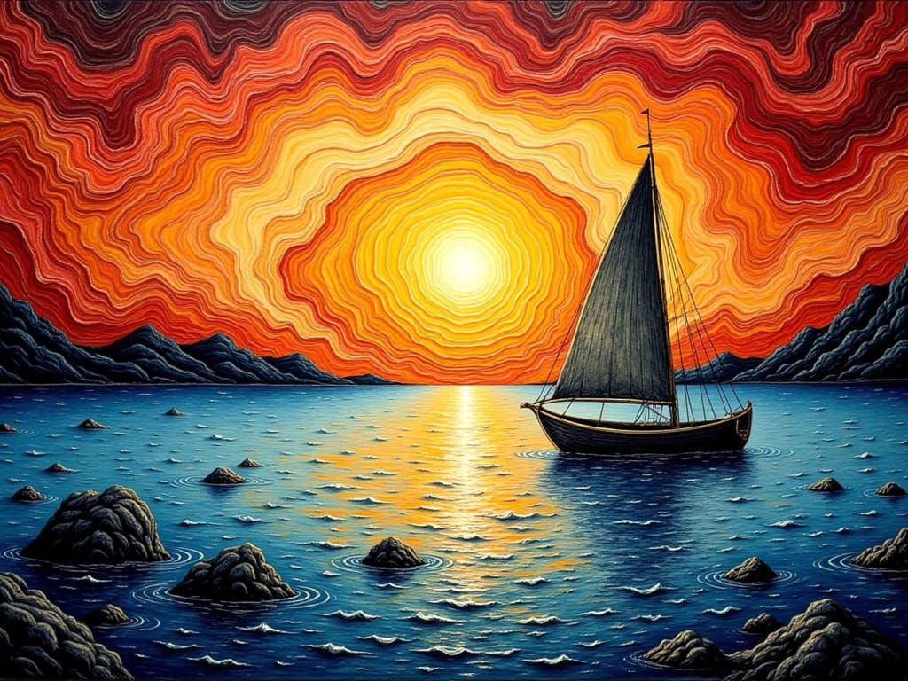 Sailing Ship in a Vivid Nocturnal Bay