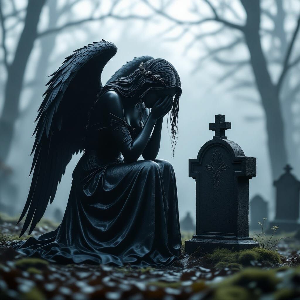 Gothic Angel Weeping Over Grave in Foggy Woods