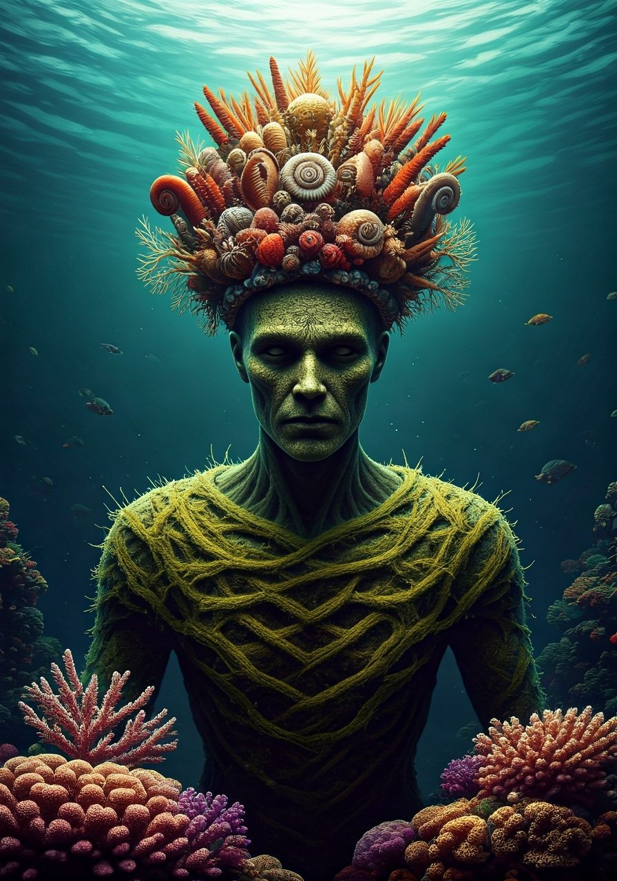 Eerie Faceless Sea Lord on Coral Throne