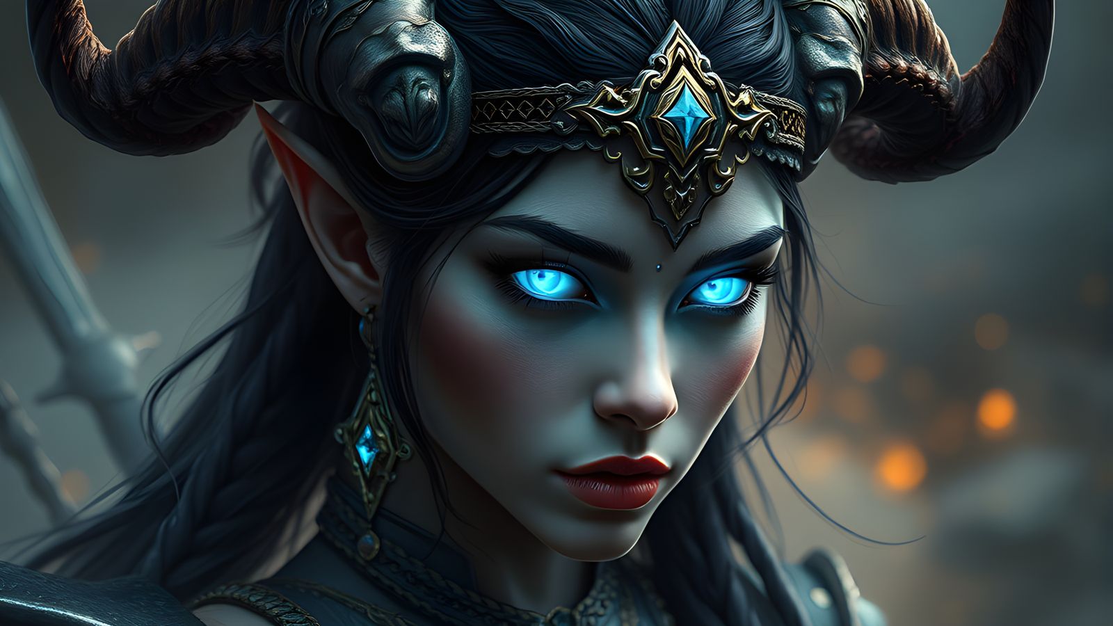 Mystical Female Warrior with Glowing Eyes: Digital Art