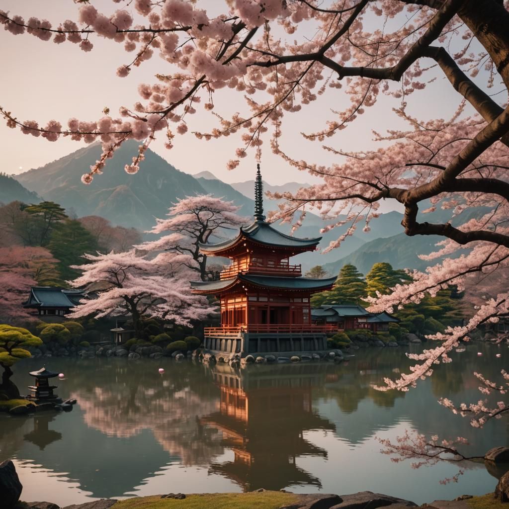 Ancient Sakura Tree with Japanese Temples
