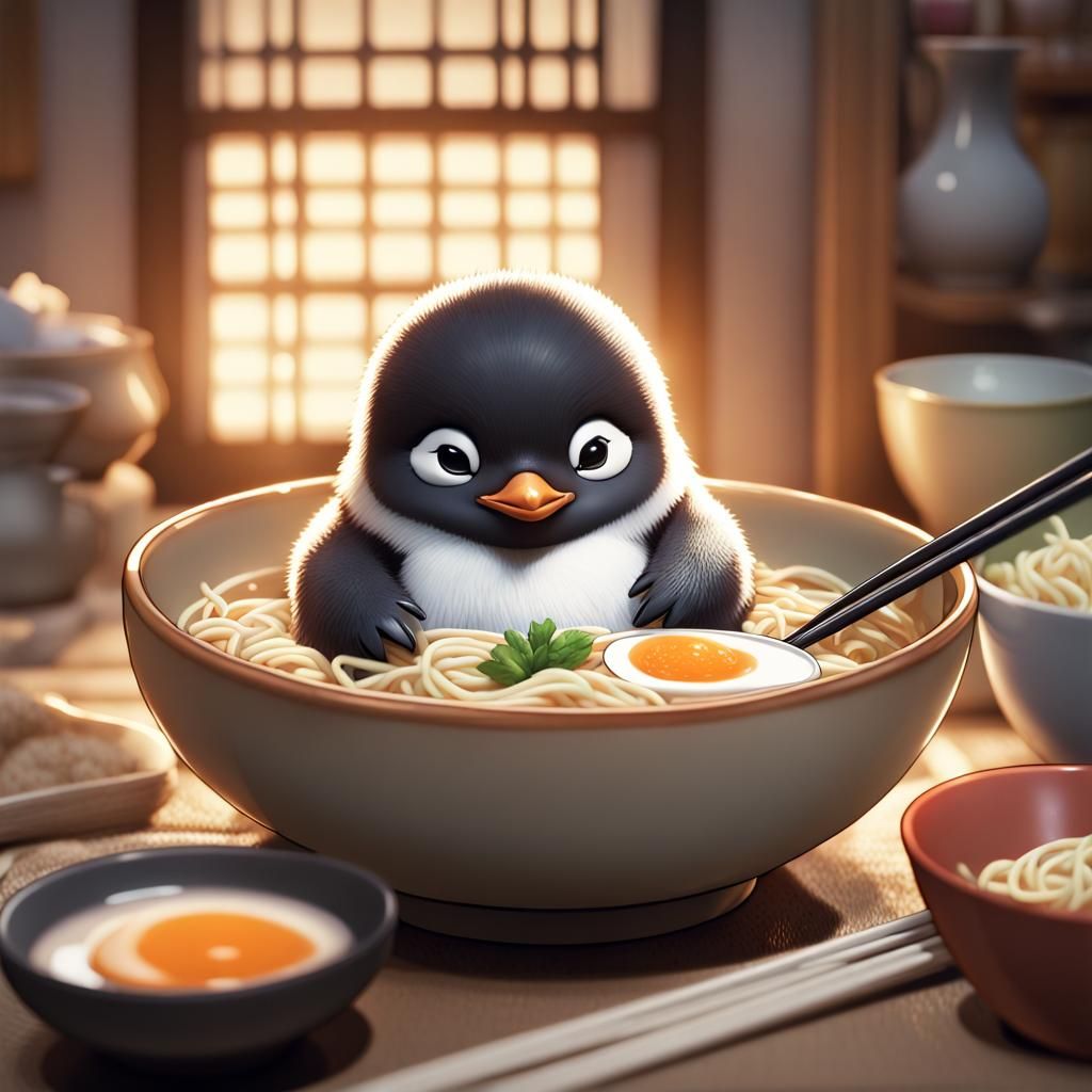 Adorable Penguin Enjoys Tonkotsu Ramen: Digital Illustration