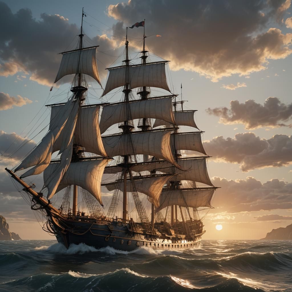 Hyperrealistic Sailing Ship at Pale Sunrise