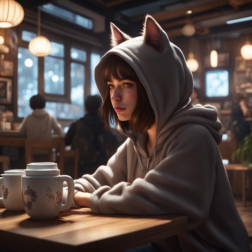 Japanese Girl in Cat Cafe: Dark Fantasy Art