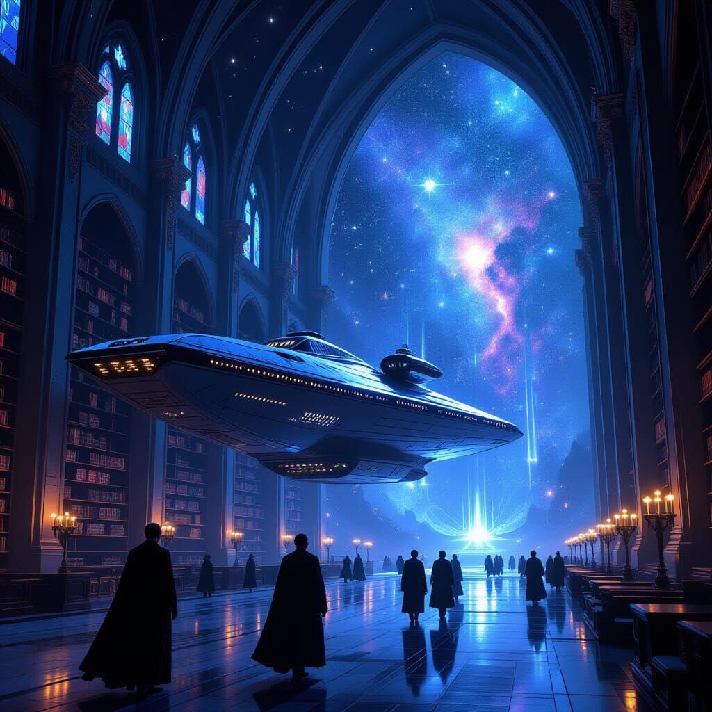 Cathedral Starship Among Glowing Nebulae