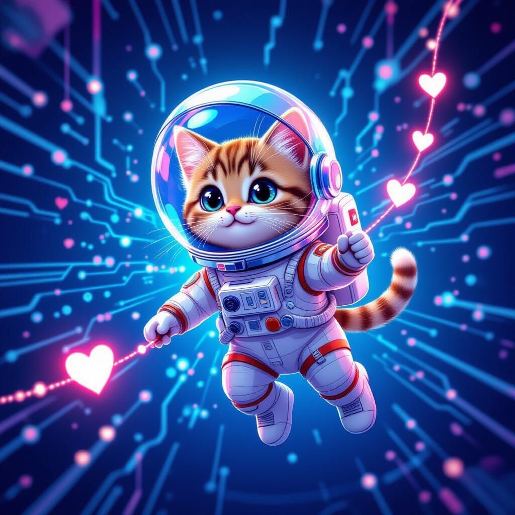 Astronaut Cat Explores Digital Realm with Heart String