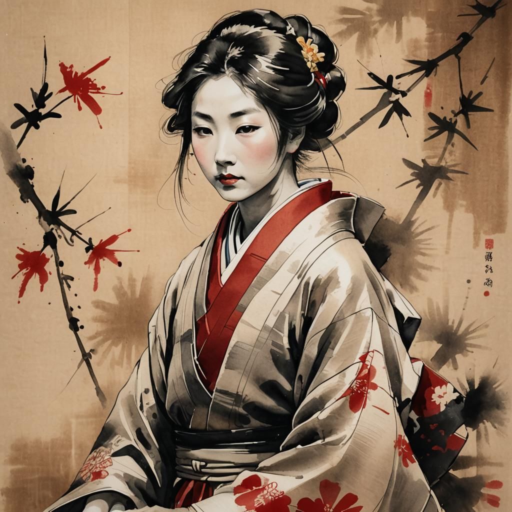 Dignified Figure in Kimono: Japanese Ink Wash Painting