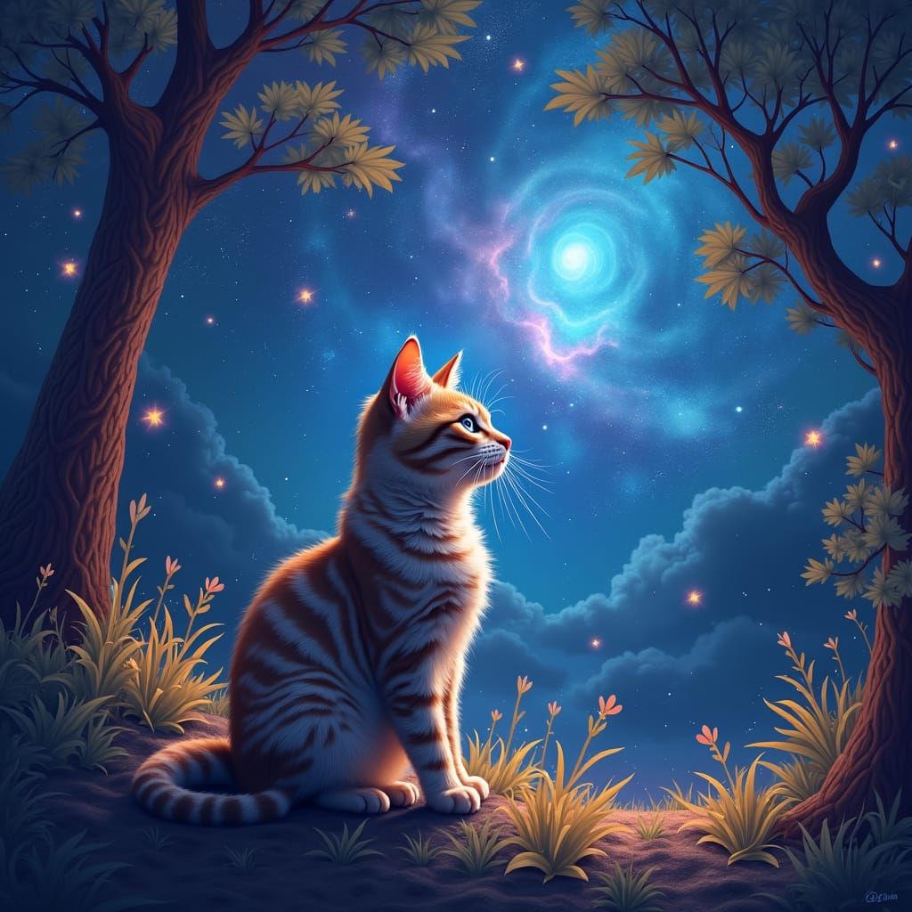 Cat Stargazing at Midnight Sky: Cosmic Illustration