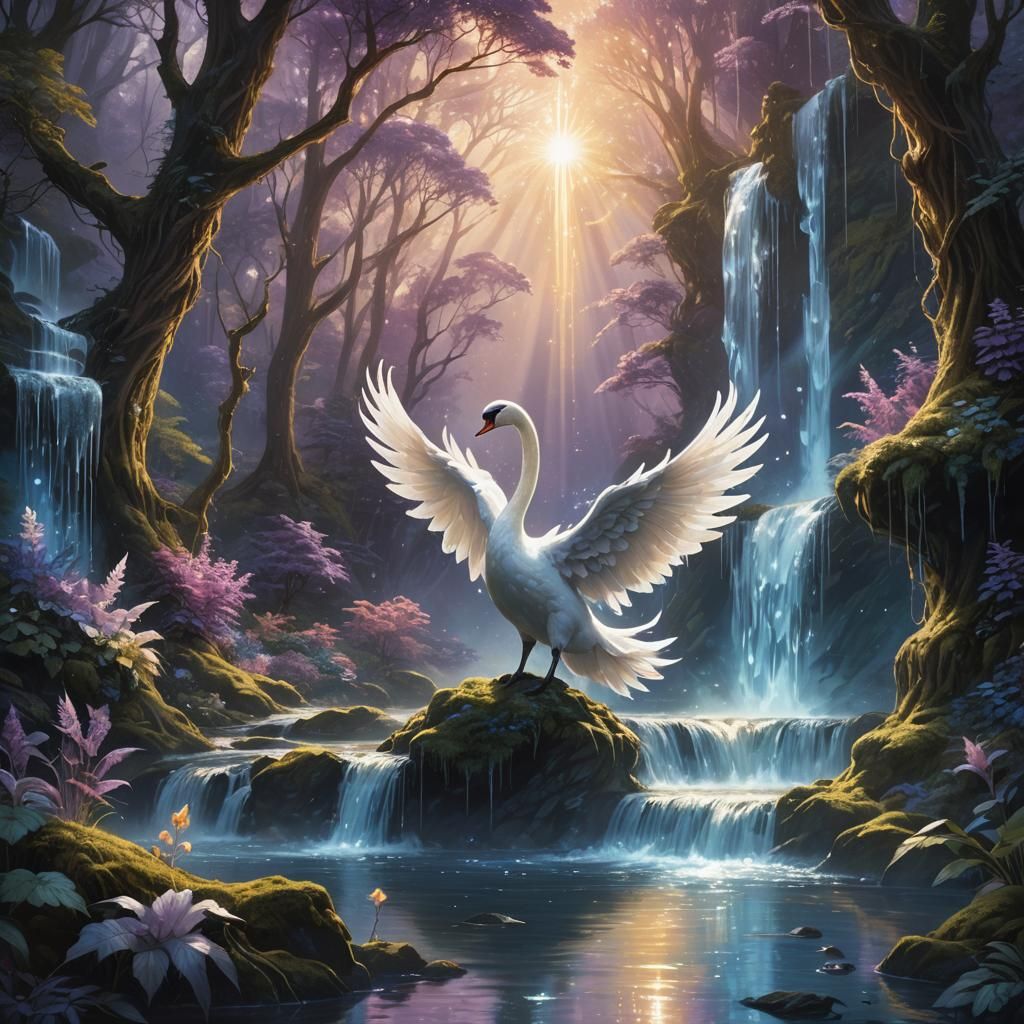Fairy Swan Ascending Etheric Waterfall in Magical Forest