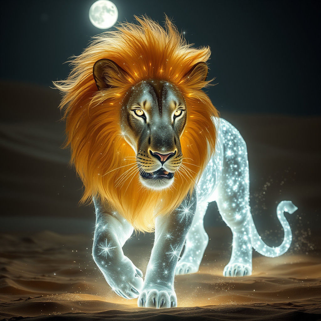 Ethereal Lion Made of Light in Desert