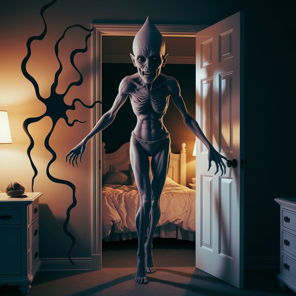 Surreal Nightmare Figure Looms Through Doorway in Dark, High...