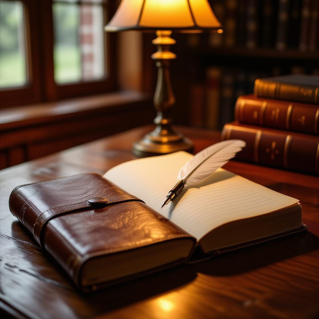 Vintage Notebook and Quill on Desk