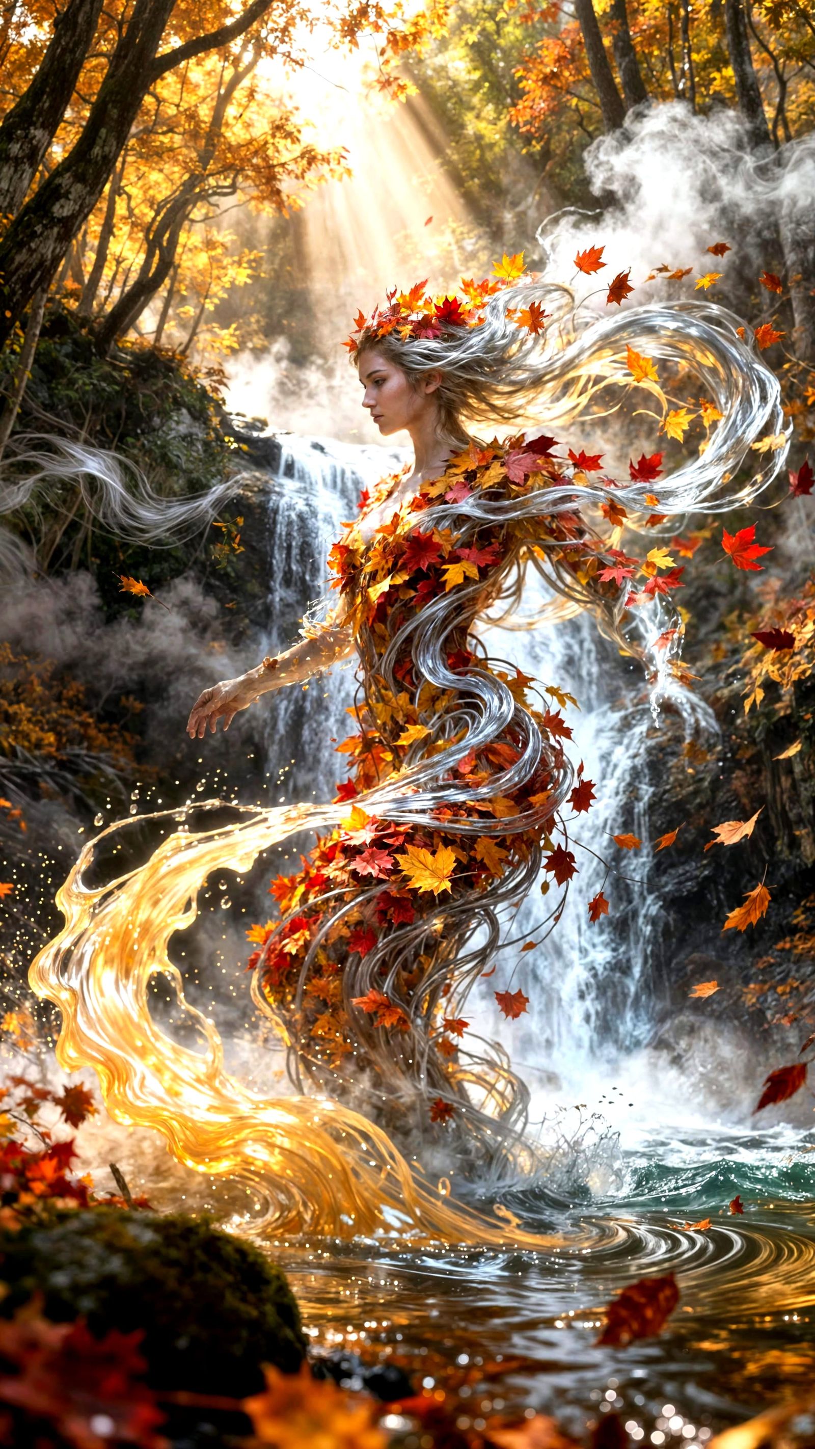 Surreal Autumn Elemental Sprite Waterfall in Fantasy Realism