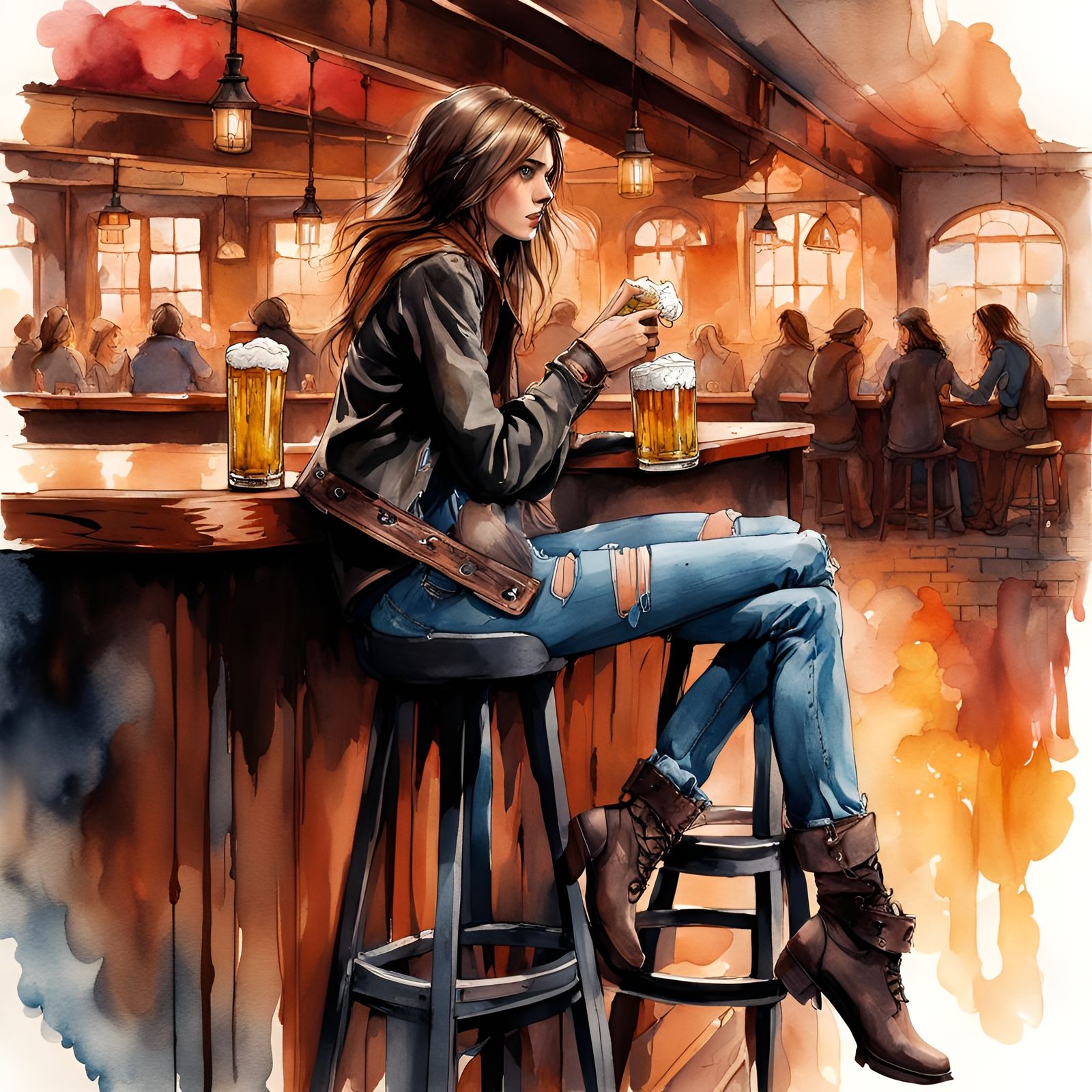 Girl Drinking Beer in Tavern, Watercolor Illustration