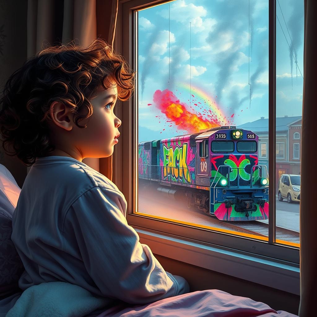 Girl Watches Graffiti Train in Cozy Bedroom