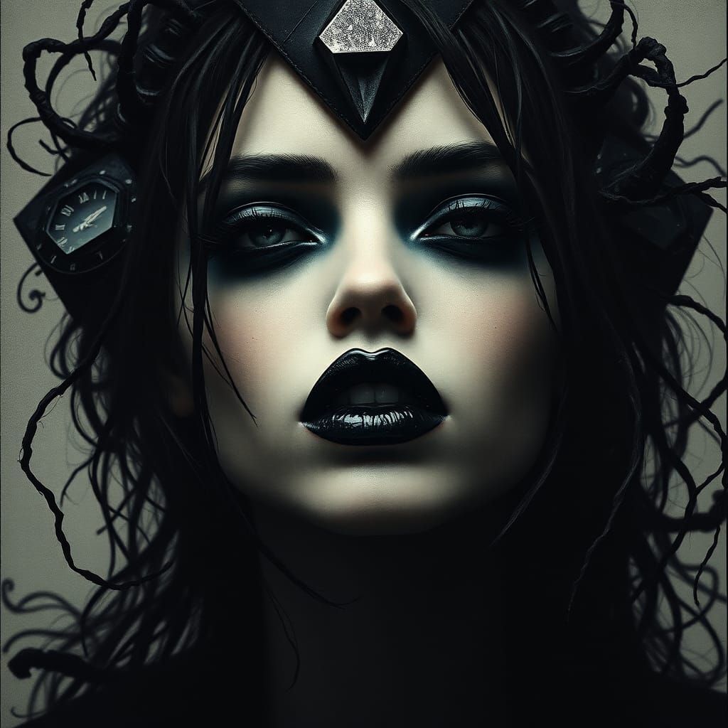 Gothic Woman Portrait with Black Ink and Gemstone