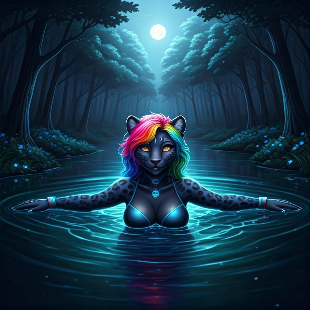 Anthro Leopard with Rainbow Hair in Astral Lake