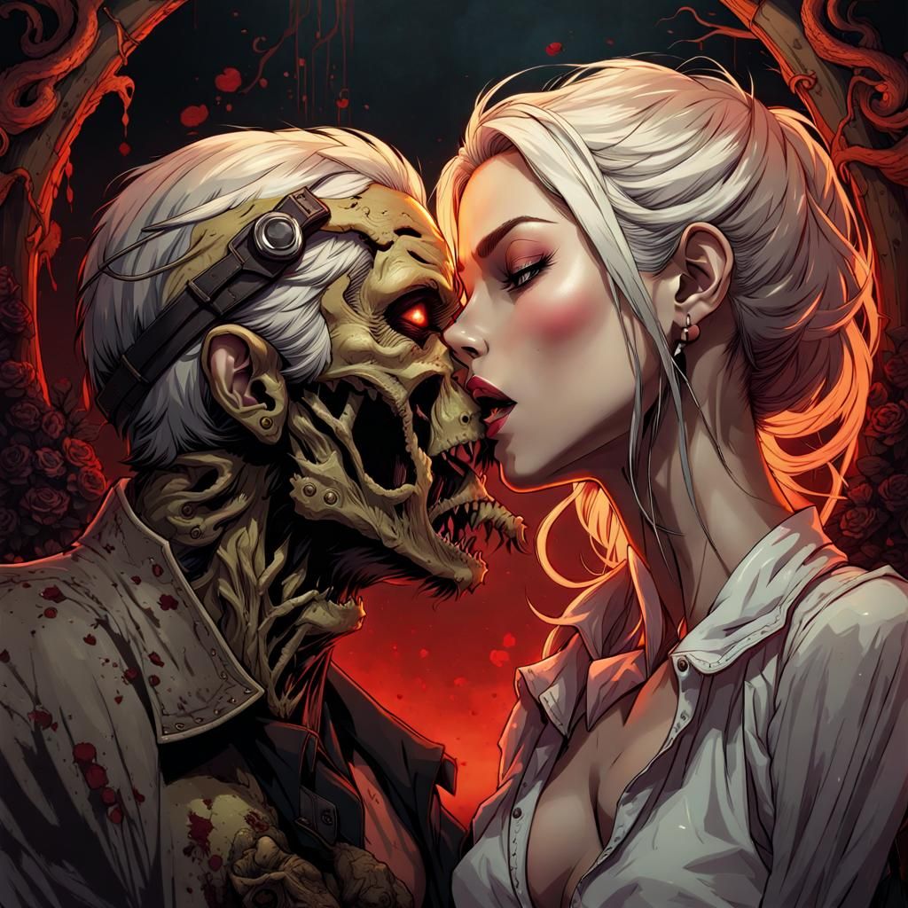 Passionate Kiss Between Woman and Zombie in Zombiecore Art