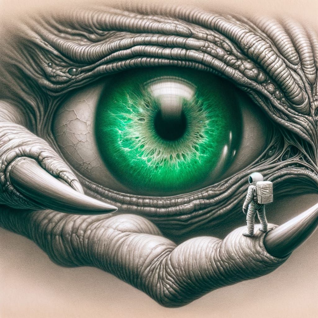 Ethereal Horror: Alien Examines Astronaut in Pencil Sketch