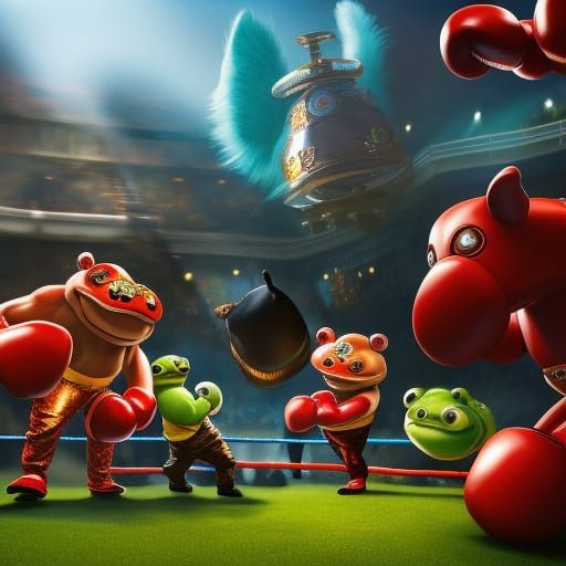 Anthropomorphic Frog and Pig Boxing in Fantasy Painting