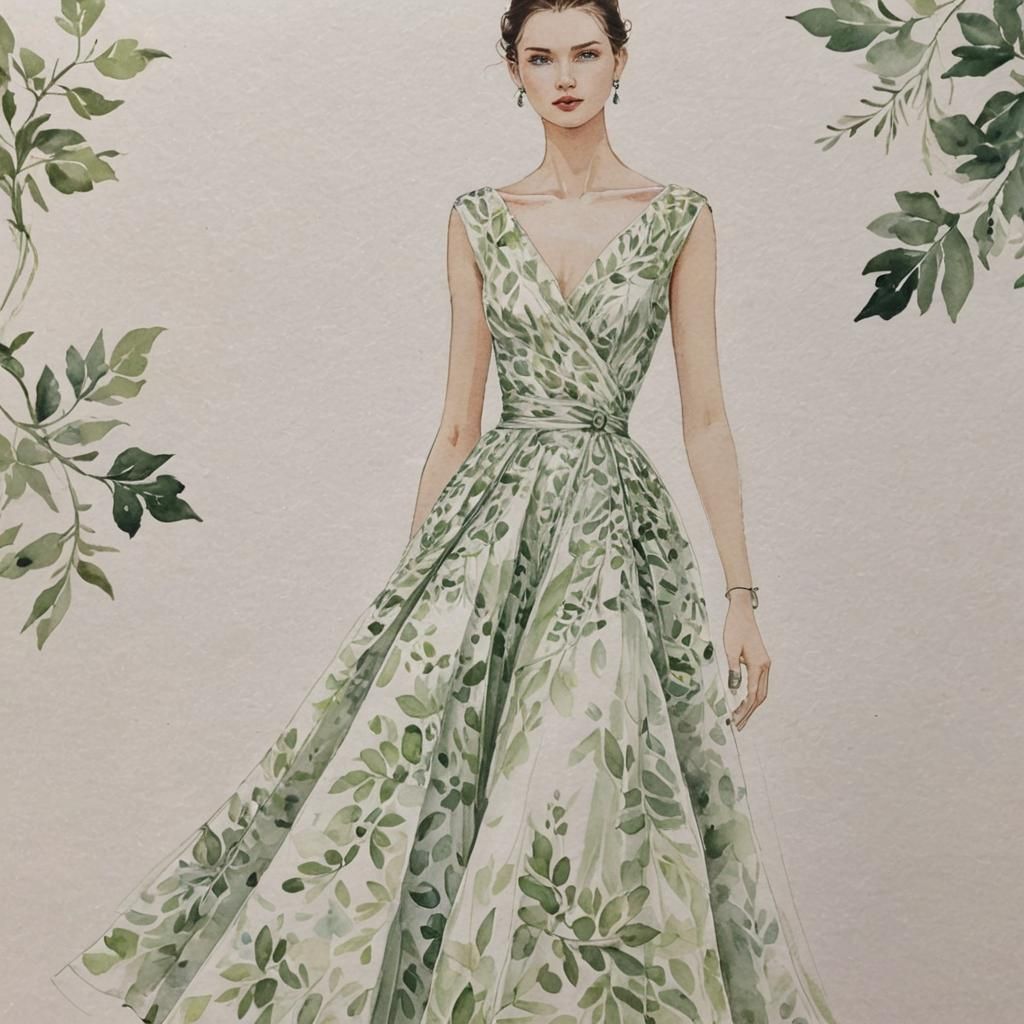 Art by Christian Dior, elegant dress made of leafy greens, m...