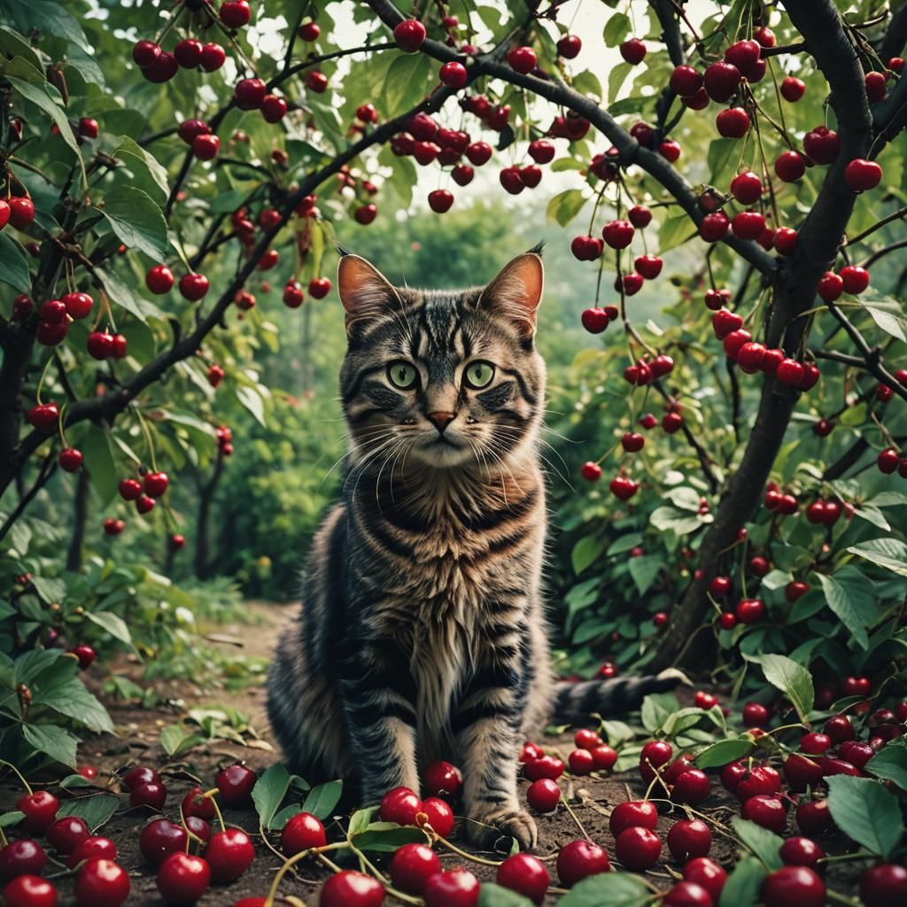 Cats and Cherries in Cinematic Film Still