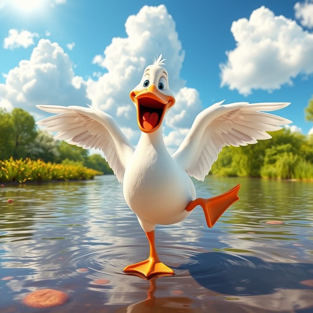 A white duck is laughing and smiling, with its mouth open wide.