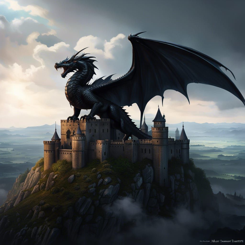 Black Dragon on Medieval Castle, Dark Fantasy Art