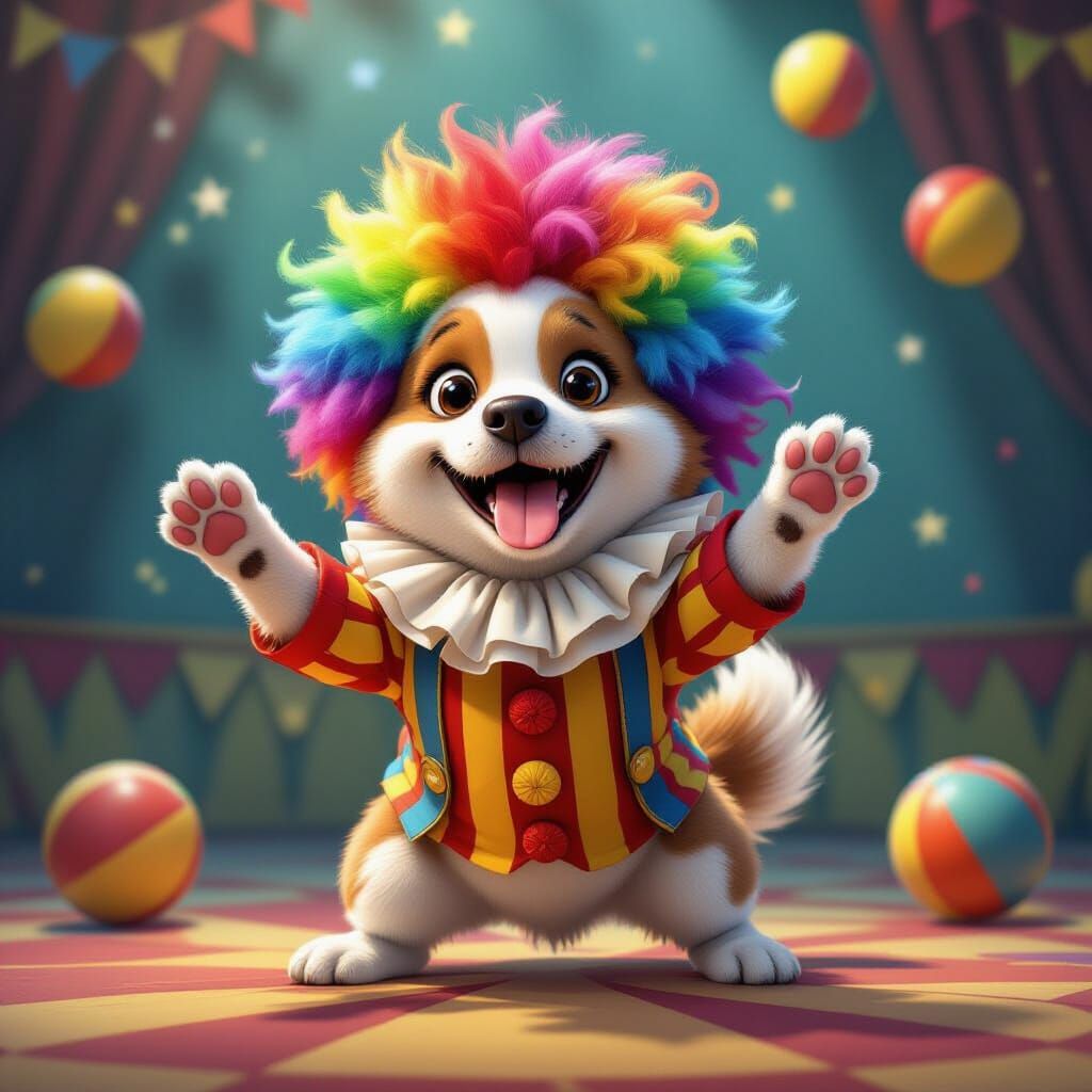 Joyful Clown Dog Handstand with Rainbow Afro and Bouncing Ba...