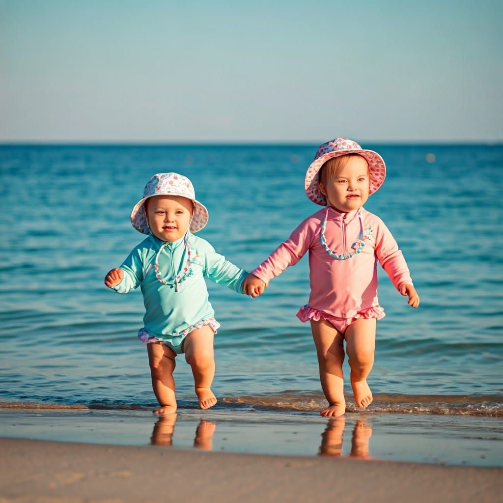 Adorable Down Syndrome Babies Running on Sunset Beach