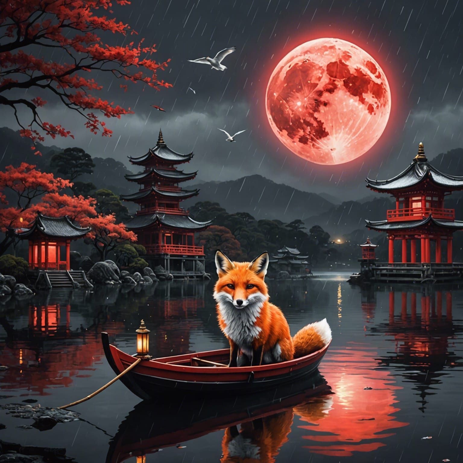 Fox on Boat with Swans and Red Bird