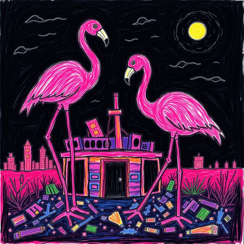 Flamingos in Las Vegas in Synthwave Neon Style