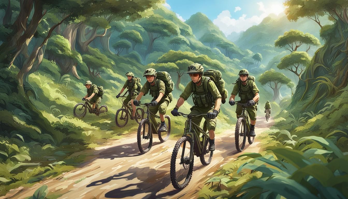 Military Mountain Bikers Ride Jungle Trails in Anime Style