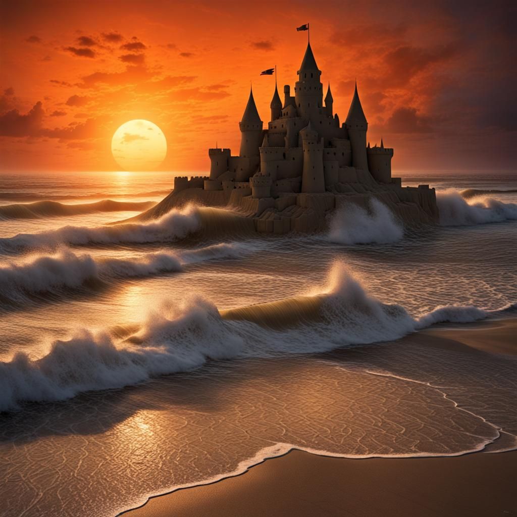 Sinister Sandcastle at Dusk on the Beach