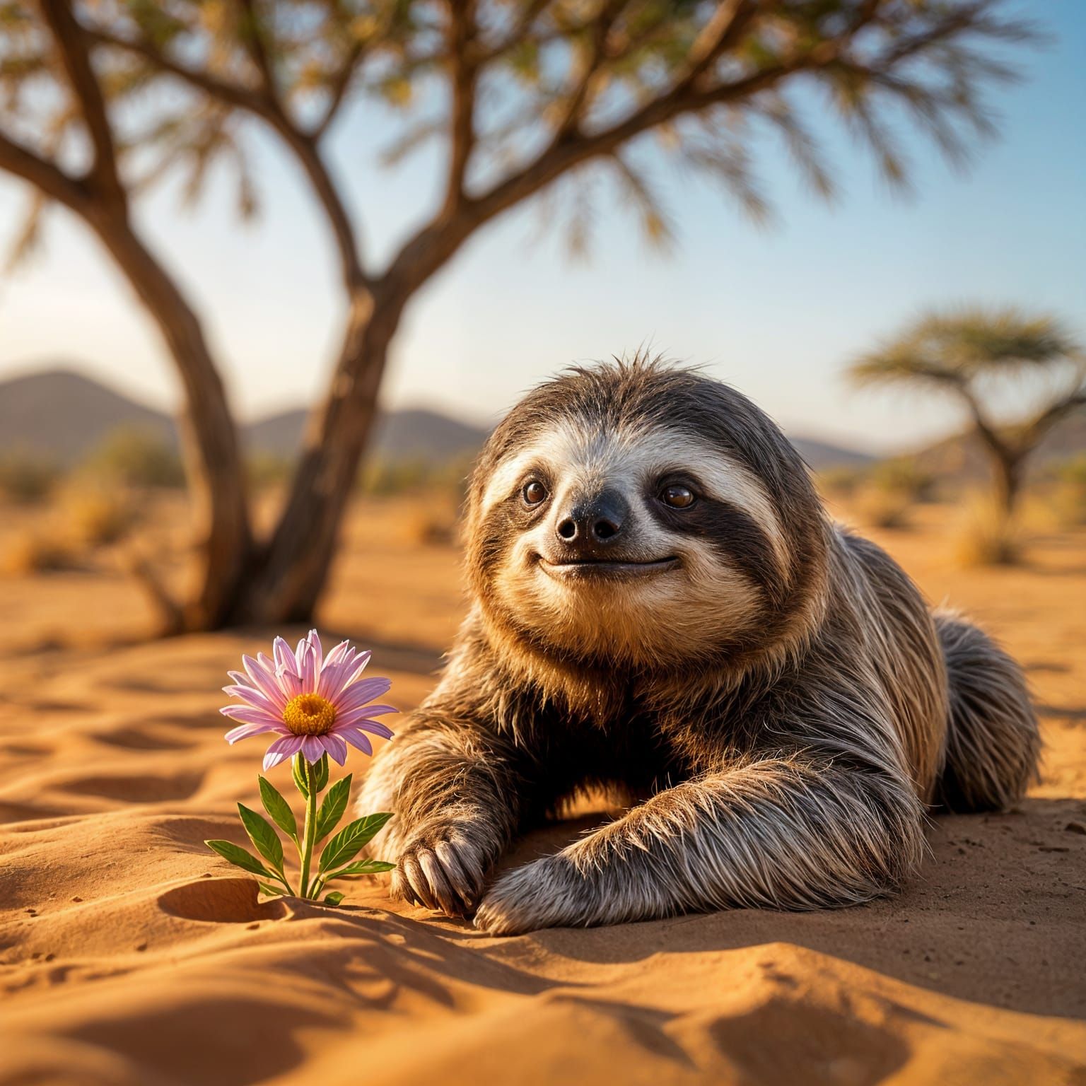 Hyperrealistic Sloth Gazes at Desert Bloom