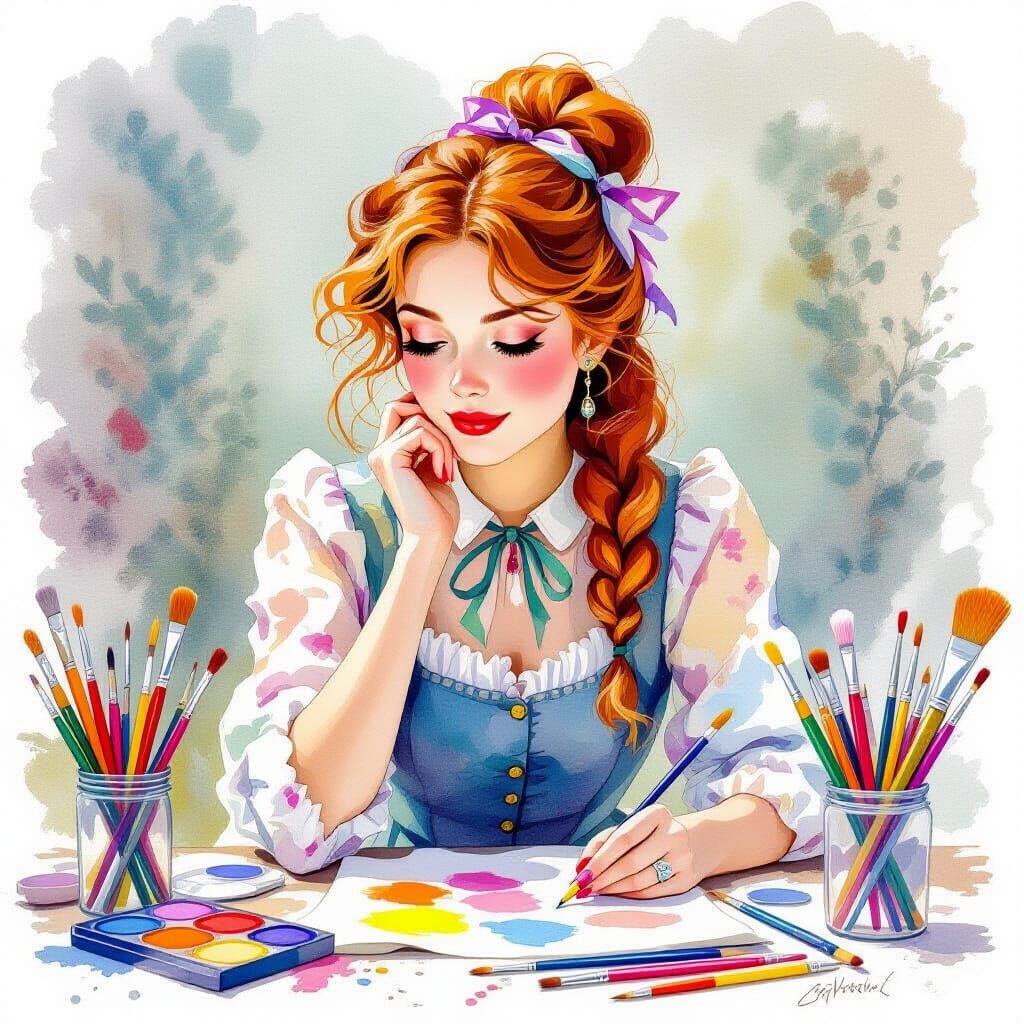 Whimsical Woman Surrounded by Watercolour Art